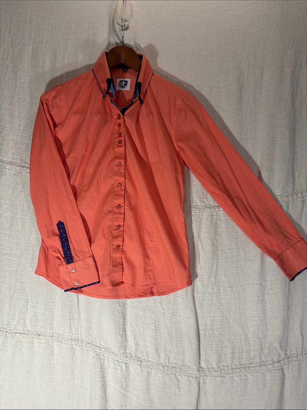 Royal Highness Equestrian Coral Western Show Shirt Contrast Blue Cuff Size M